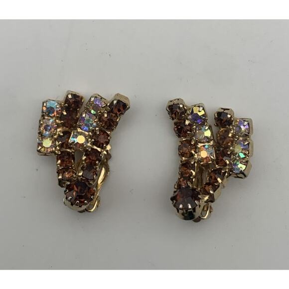 Vintage Earrings Clip On Climber AB And Amber Rhinestones 60s 70s Estate - Picture 2 of 5